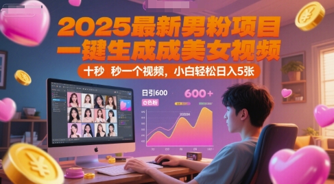 2025最新男粉项目，一键生成美女视频，日引600+色粉 十秒一个视频，小白轻松日入5张【揭秘】-壹联网络
