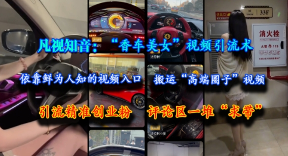 凡视知音：“香车美女”视频引流术，依靠鲜为人知的视频入口，搬运“高端圈子”视频，引流精准创业粉，评论区一堆“求带”-壹联网络