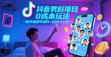 抖音男粉项目0成本玩法，一部手机即可操作，日均4张+，时间自由-壹联网络
