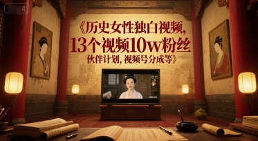 历史女性独白视频，13个视频10w粉丝，伙伴计划，视频号分成等-壹联网络