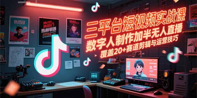 三平台短视频实战课，数字人制作加半无人直播，覆盖20+赛道剪辑与运营技巧-壹联网络