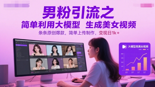 男粉引流之简单利用大模型生成美女视频，条条原创爆款，简单上传制作，变现日1k+-壹联网络