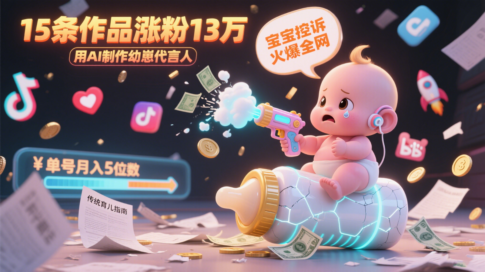 用AI制作幼崽代言人，宝宝的控诉火爆全网，15条作品涨粉13万，单号月入5位数实操教程-壹联网络