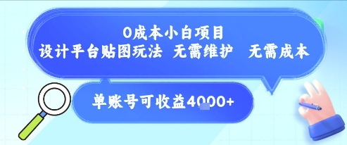 0成本小白项目，设计平台贴图玩法，无需维护，无需成本，单账号单月可产生收益4k+-壹联网络